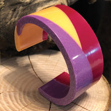 Load image into Gallery viewer, ALANA three colour bangle, purple, yellow and claret, measuring 60mm x 35mm
